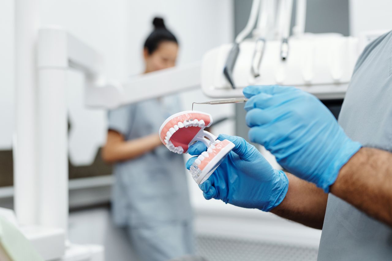 journey-02 Dentist holding a dental model and scaler in a clinic for oral hygiene demonstration.